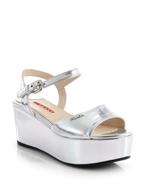 prada metallic platform sandals|prada platform wedge sandals.